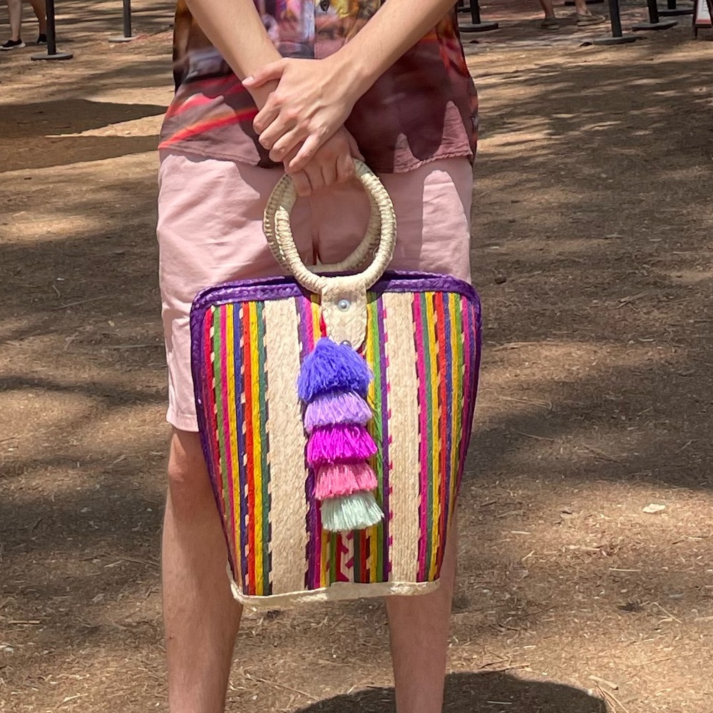 Handmade woven straw bag multi color free tassel